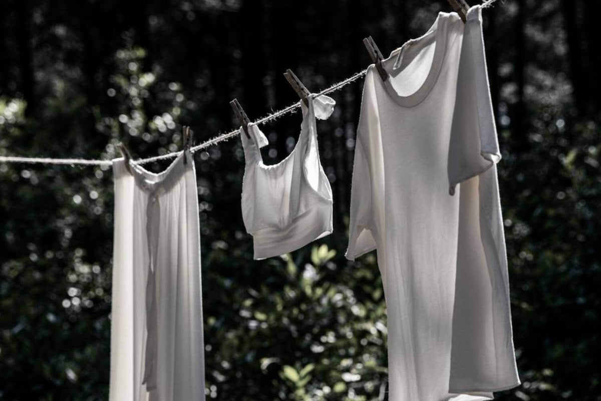 Row of white vests and tops pegged on a washing line against dark green foliage