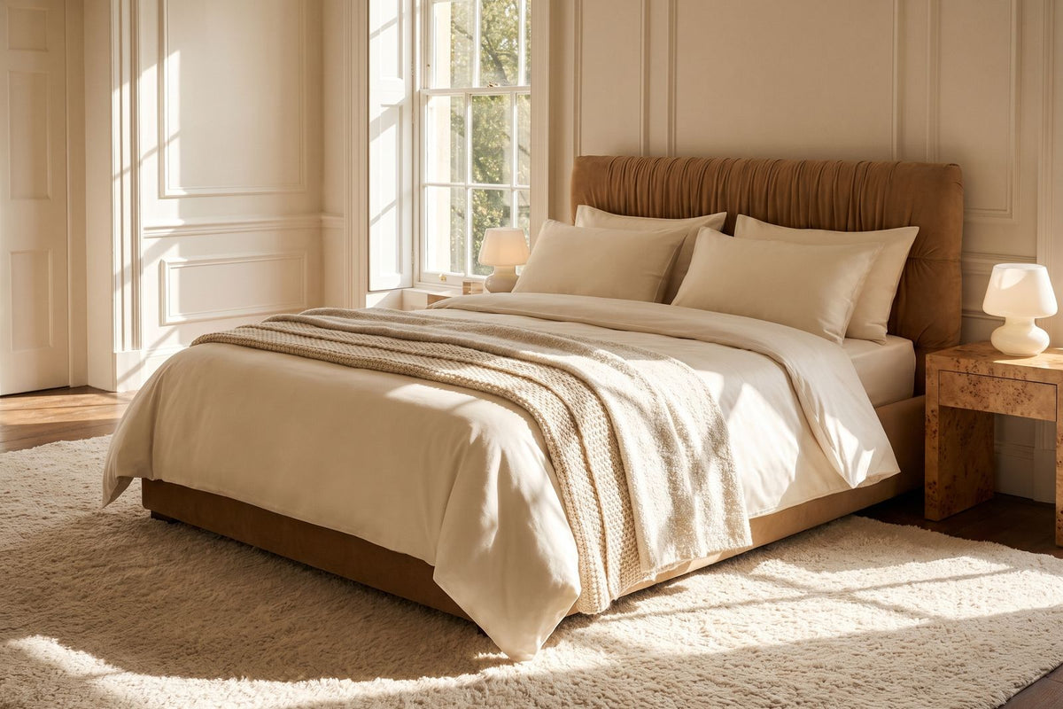 UK double bed made up in cream cotton sateen against a ruched camel upholstered headboard