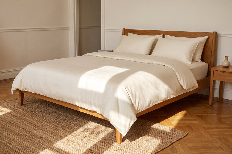 Double bed made up in cream cotton sateen bedding in a sunlit UK bedroom with oak parquet flooring