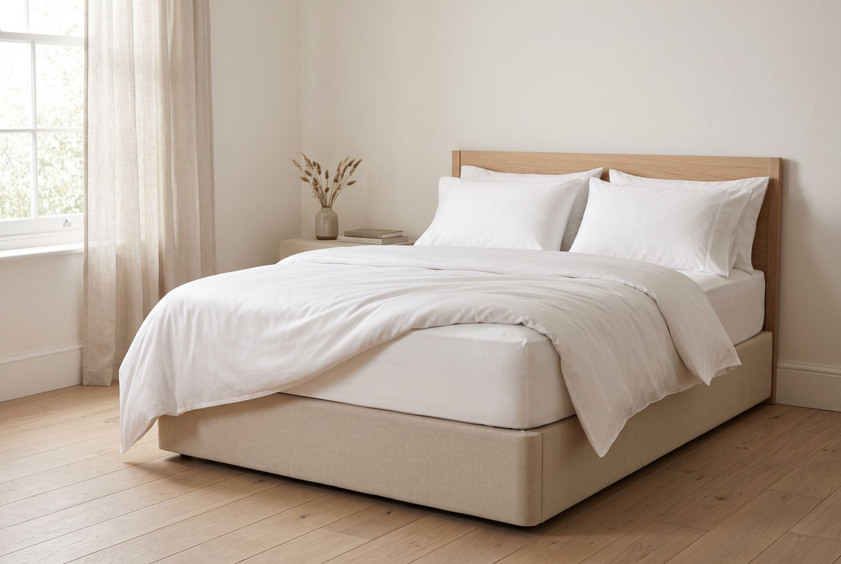 Bed with a white sateen fitted sheet and duvet on a deep mattress and beige divan base in a bright room