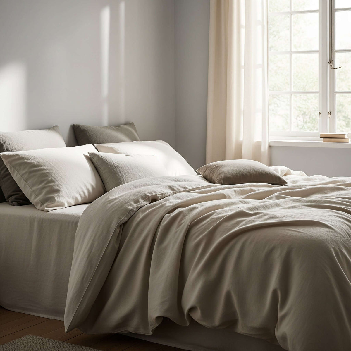Unmade bed with muted sage grey bedding and layered pillows beside a sunlit window