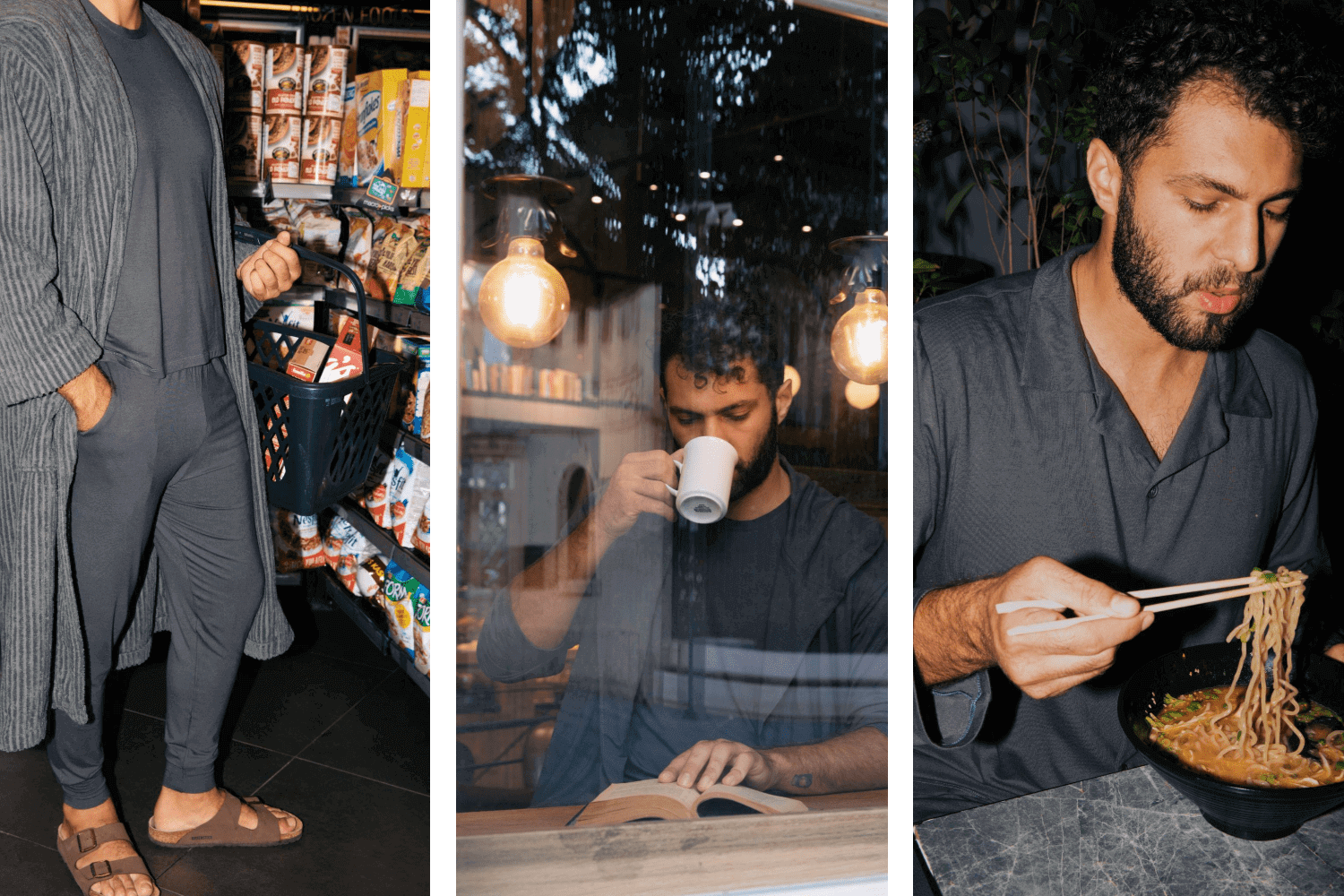 Man in dark grey loungewear outside 