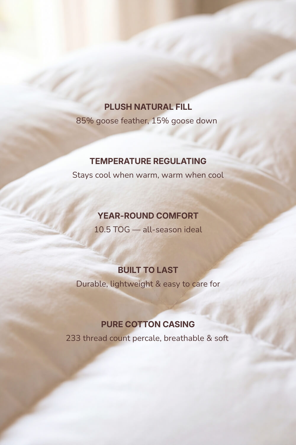 Close detail of the cotton percale casing on a Bedable goose feather and down duvet