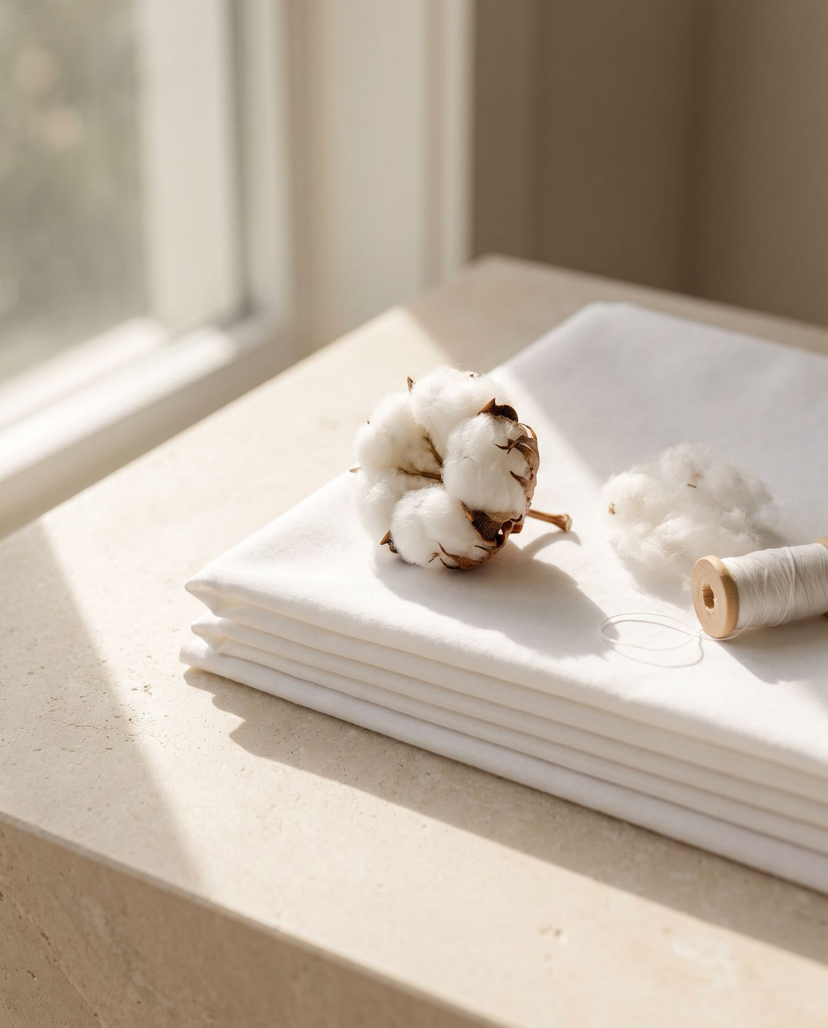 Open cotton boll and raw cotton fibre on folded white 100% cotton sheets, beside a spool of cotton thread