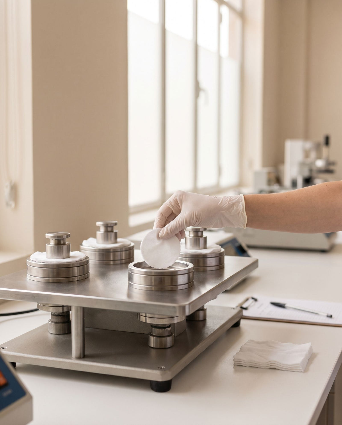Martindale abrasion test on white cotton fabric samples in a textile testing laboratory