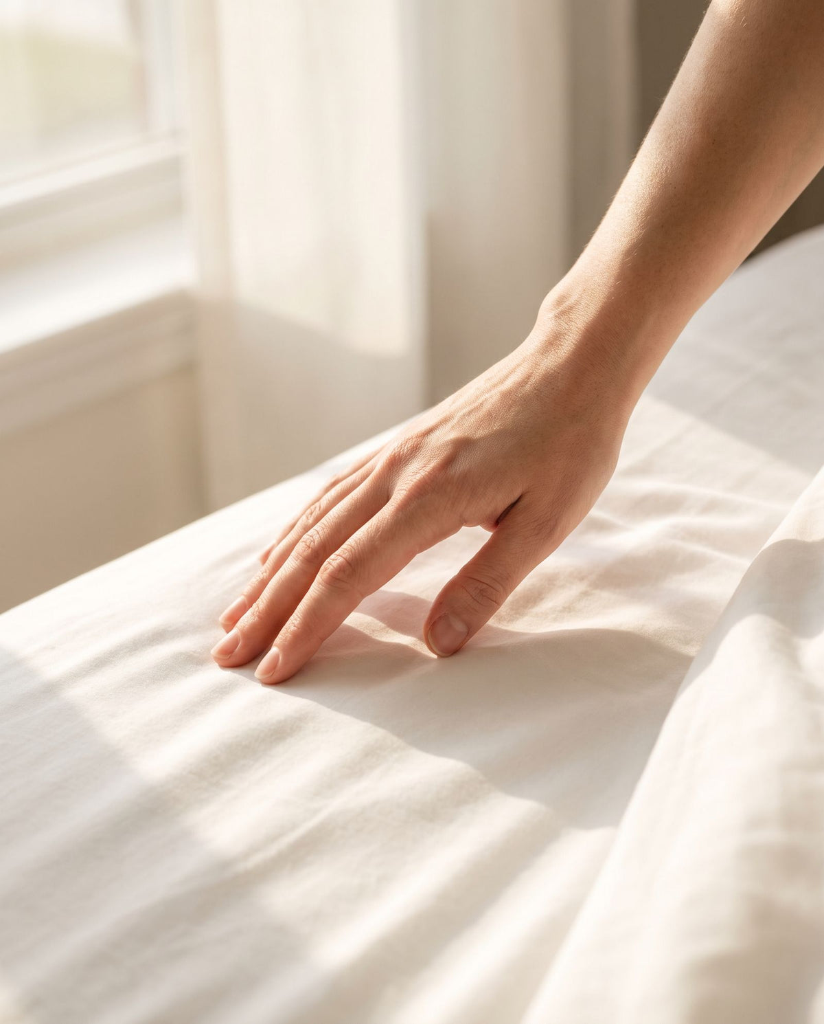 Hand gently smoothing a white cotton sateen sheet in soft morning light
