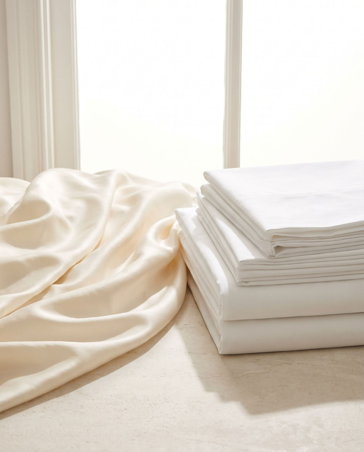 Cream cotton sateen with a soft sheen beside a crisp folded stack of white cotton percale