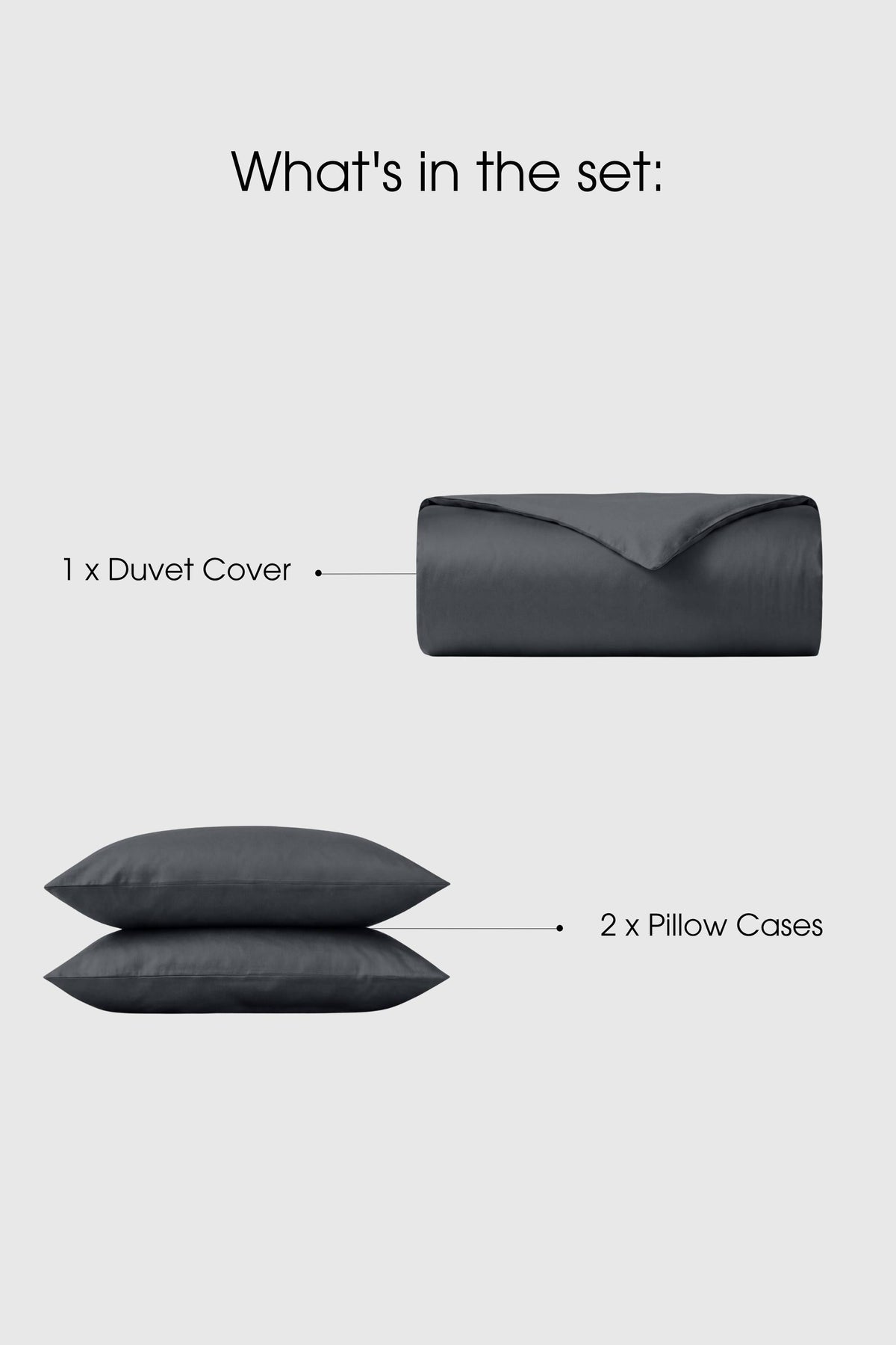 Infographic of what's in the dark grey sateen duvet cover set: duvet cover and two pillowcases